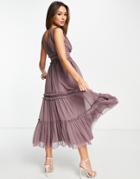 Asos Design Lace Insert Midi Dress With Ruffle Detail In Mauve-pink