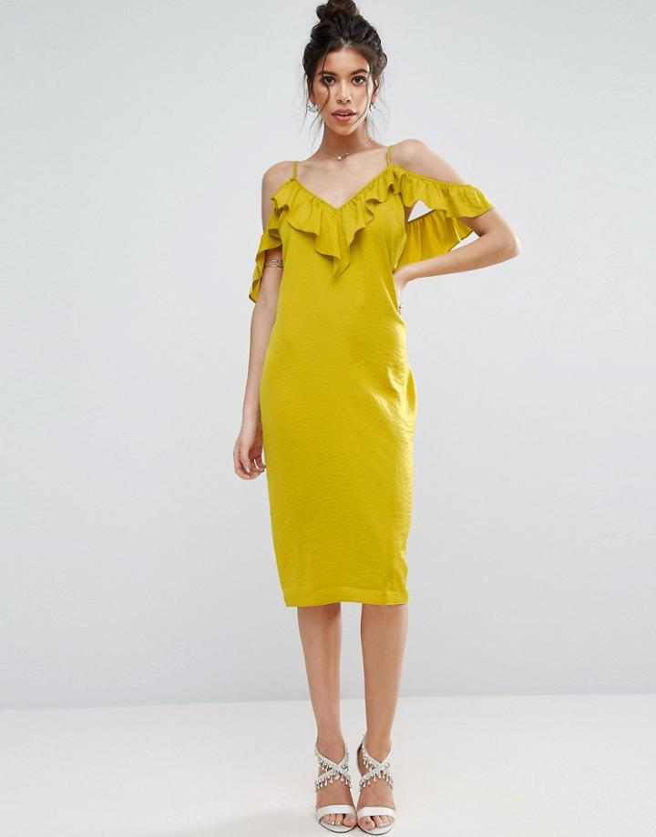 Asos Satin Ruffle Cami Cold Shoulder Midi Dress - Yellow