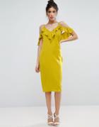 Asos Satin Ruffle Cami Cold Shoulder Midi Dress - Yellow