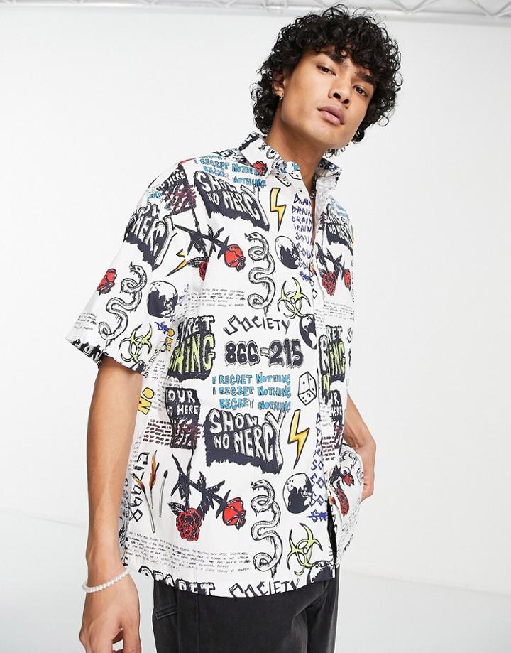 Asos Design Boxy Oversized Shirt In Graffiti Inspired Print-white