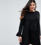 Asos Curve Mini Swing Dress With Seam Detail And Trumpet Sleeve - Black