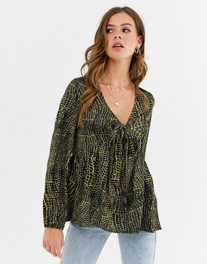 Influence Blouson Sleeve Blouse In Satin Croc Print