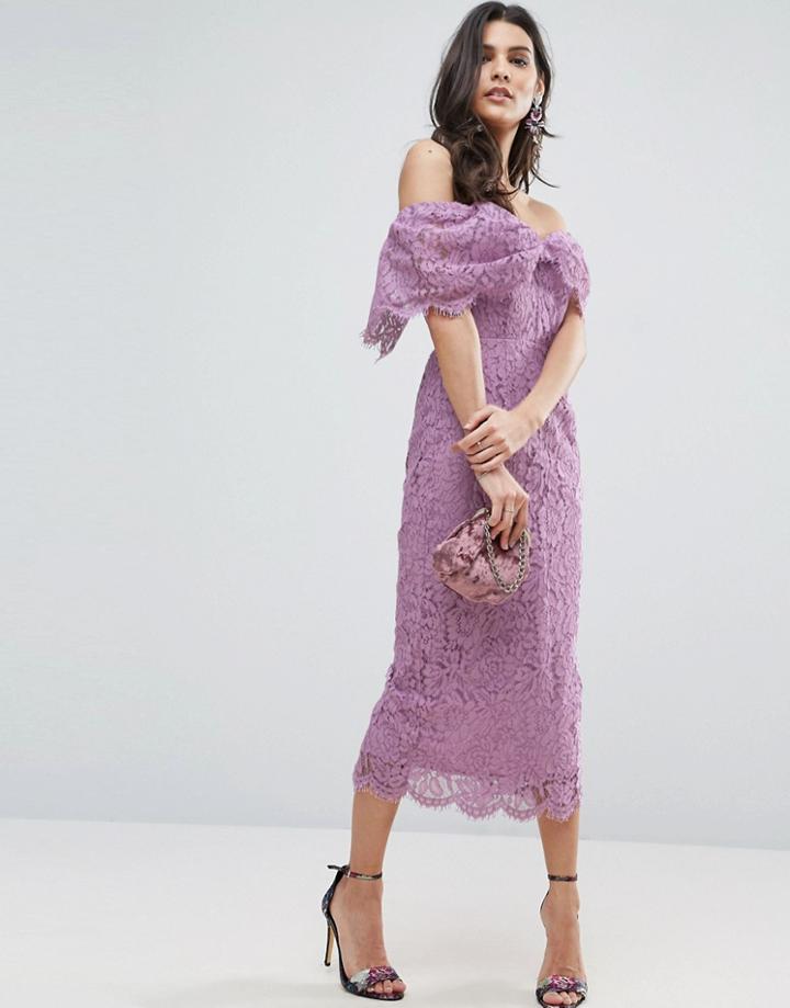 Asos Off Shoulder Bardot Pencil Midi Dress - Purple