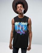 Asos Longline Sleeveless T-shirt With Dropped Armhole And Riot Tour Print - Black