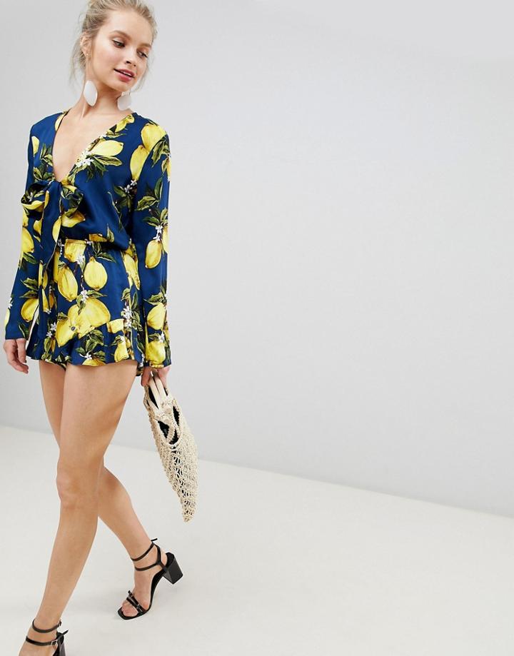 Glamorous Romper With Frill Shorts And Bow Front In Lemon Print-blue