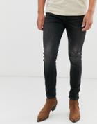 Asos Design 12.5oz Super Skinny Jeans In Washed Black With Abrasions - Black