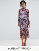 Hope & Ivy Maternity Long Sleeve Floral Printed Mesh Dress With Peplum Hem - Multi