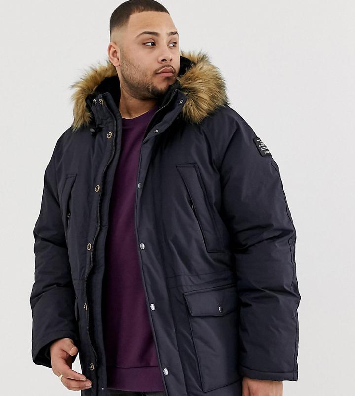 Schott Artica X Hooded Nylon Parka With Detachable Faux Fur Trim In Navy - Navy