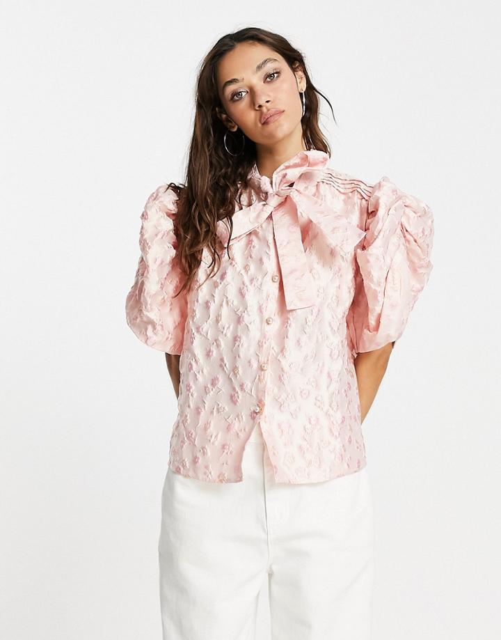 Sister Jane Jacquard Blouse With Bow Tie And Puff Sleeves In Pink