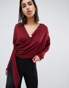 Asos Design Drape Wrap Long Sleeve Top With Side Button Detail-red