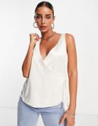 Asos Design V-neck Wrap Front Satin Cami With Tie Side In Ivory-white