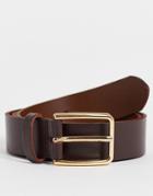 Asos Design Leather Slim Belt In Brown With Gold Buckle