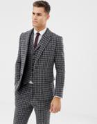 Asos Design Slim Suit Jacket In 100% Wool Harris Tweed In Monochrome - Black