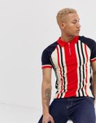 River Island Knitted Polo With Navy & Red Stripes - Navy