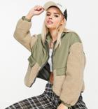 Only Petite Contrast Sherpa Bomber Jacket In Khaki-green