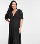 Asos Design Curve Button Through Tie Back Midi Tea Dress With Angel Sleeve In Black