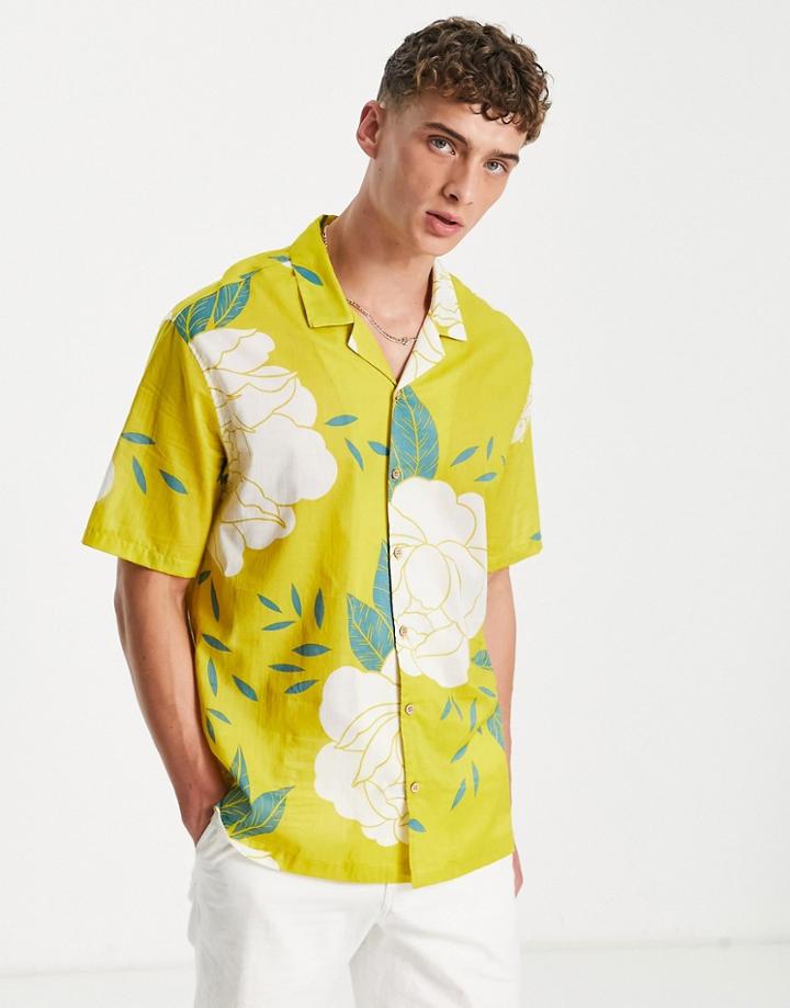 Bershka Relaxed Shirt In Yellow Floral Print-orange