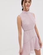 True Decadence Premium High Neck Lace Midaxi Dress With Contrast Trim In Pink