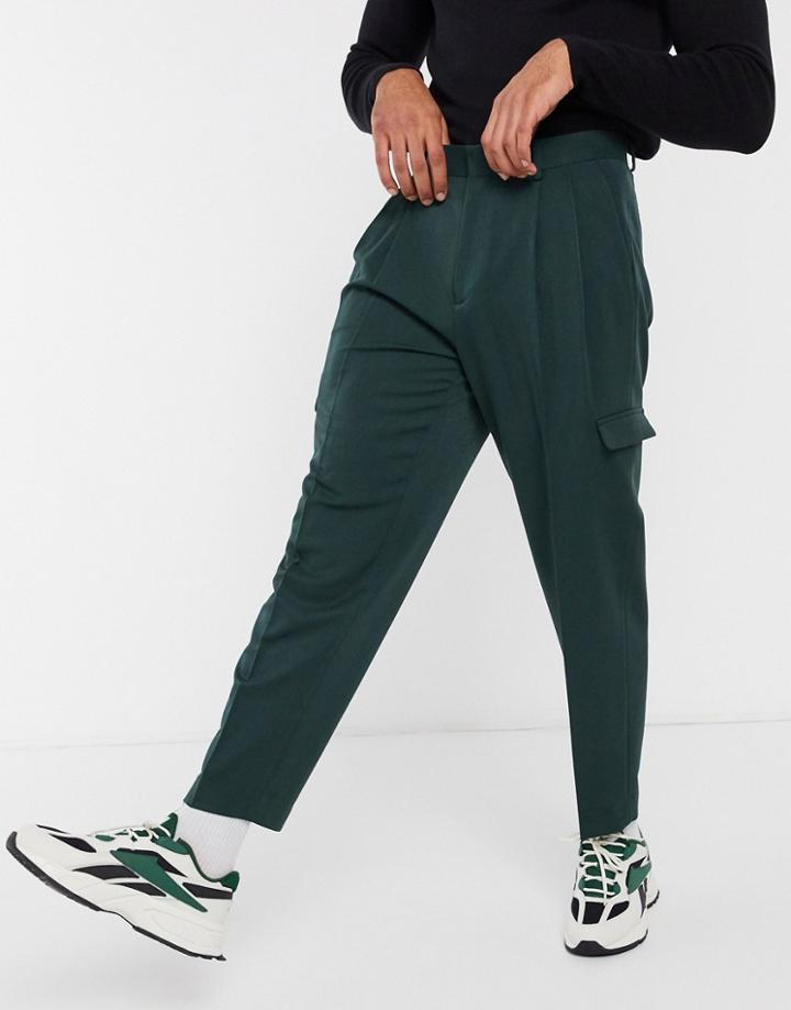 Asos Design Oversized Tapered Smart Pants In Dark Green With Cargo Pockets