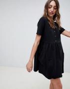 Asos Design Mini Smock Dress With Pockets And Button Front - Black