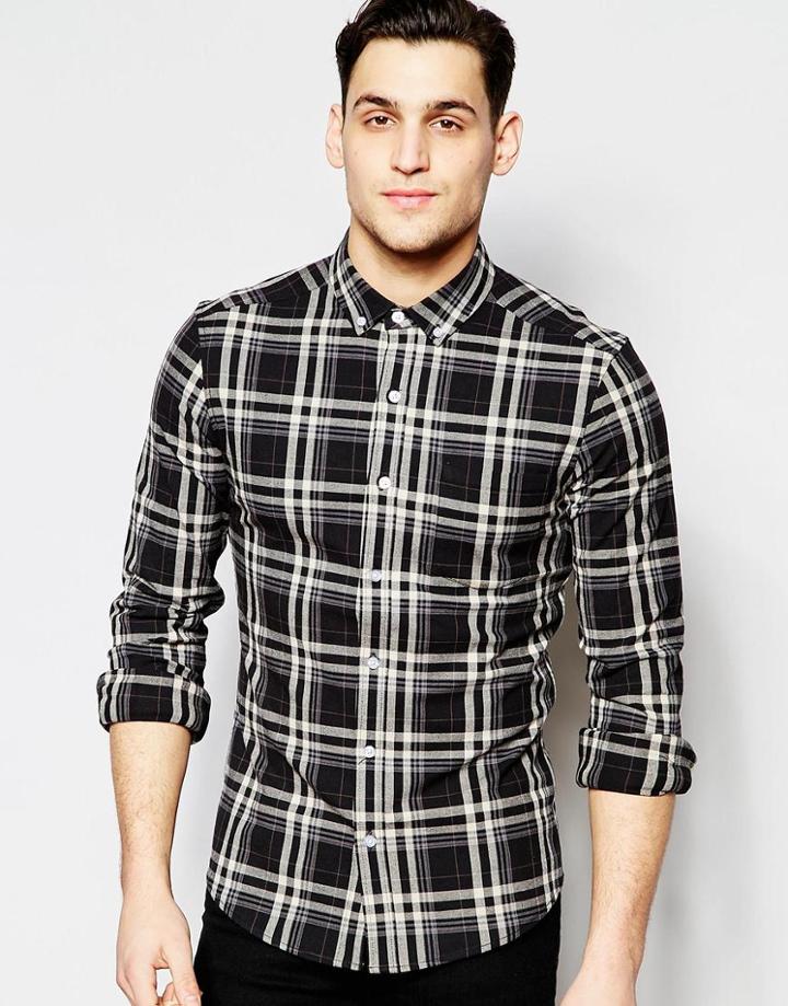 Asos Skinny Shirt In Black Check In Long Sleeve - Black