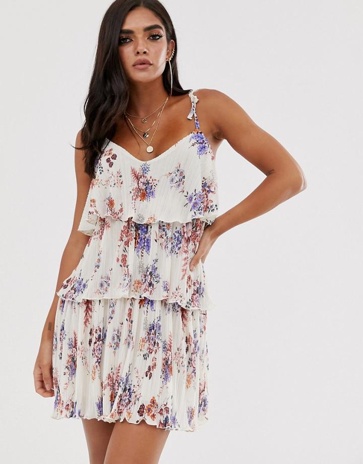 Asos Design Plisse Tiered Mini Dress In Floral With Shoulder Ties - Multi