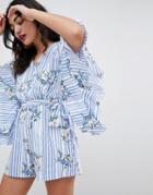 Rd & Koko Kimono Sleeve Tie Waisted Romper - Blue