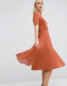 Asos Lace And Pleat Skater Midi Dress - Brown