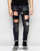Liquor & Poker Straight Distressed Patch Jeans In Washed Black - Washed Black