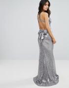 City Goddess Sequin Fishtail Maxi Dress With Bow Back - Silver