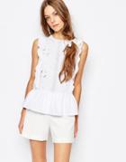 Paul And Joe Sister Lace Cutwork Frill Front Embroidered Sleeveless Smock Top - White 01