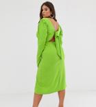 John Zack Plus Long Sleeve Midi Dress With Open Back In Neon Green-yellow