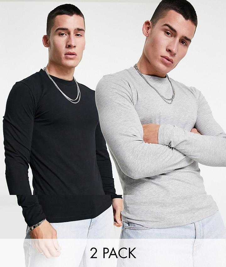 Asos Design 2 Pack Muscle Long Sleeve T-shirt In Multi - Multi