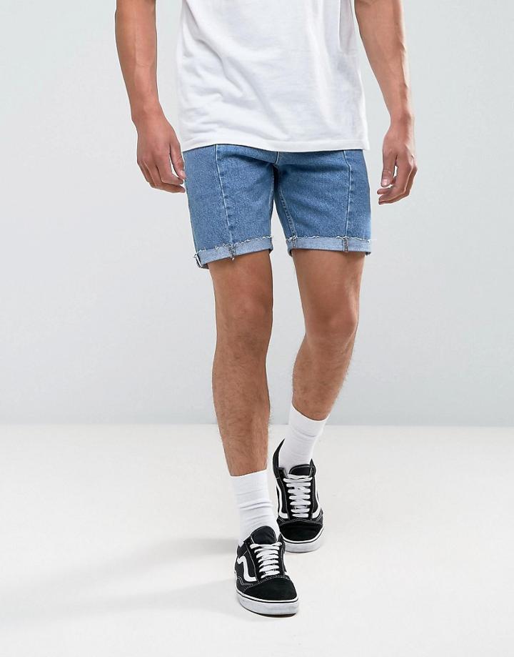 Asos Denim Shorts In Slim Mid Wash Blue With Cut And Sew Panelling - Blue