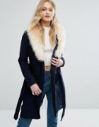 Bellfield Belted Wool Blend Coat With Faux Fur Collar - Blue