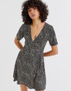 Pull & Bear V Neck Floral Mini Dress In Light Black