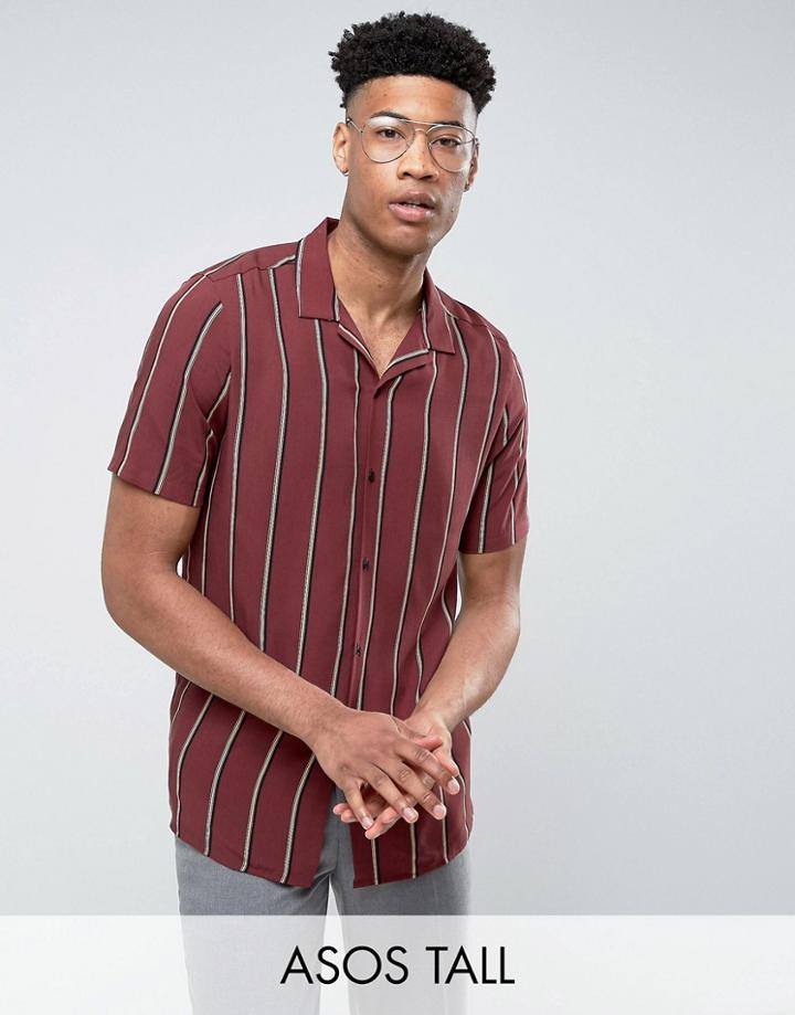 Asos Tall Regular Fit Viscose Stripe Shirt With Revere Collar In Red - Red