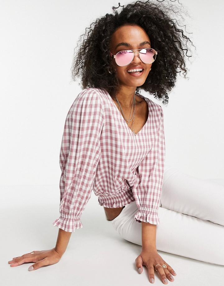 Jdy Gingham Top With Volume Sleeves In Pink Gingham-multi