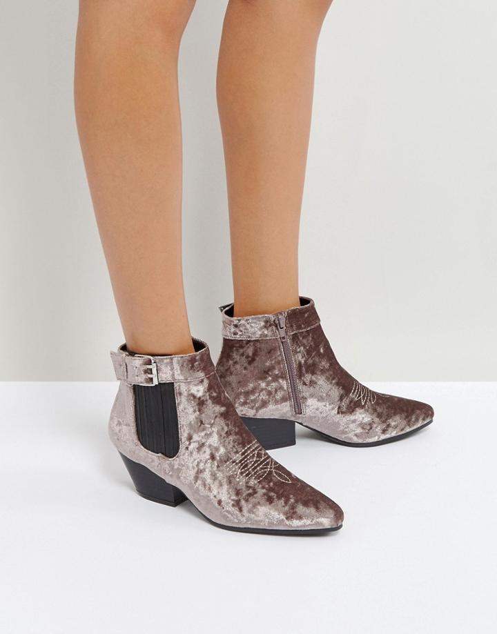 Qupid Low Heel Velvet Western Boot - Gray