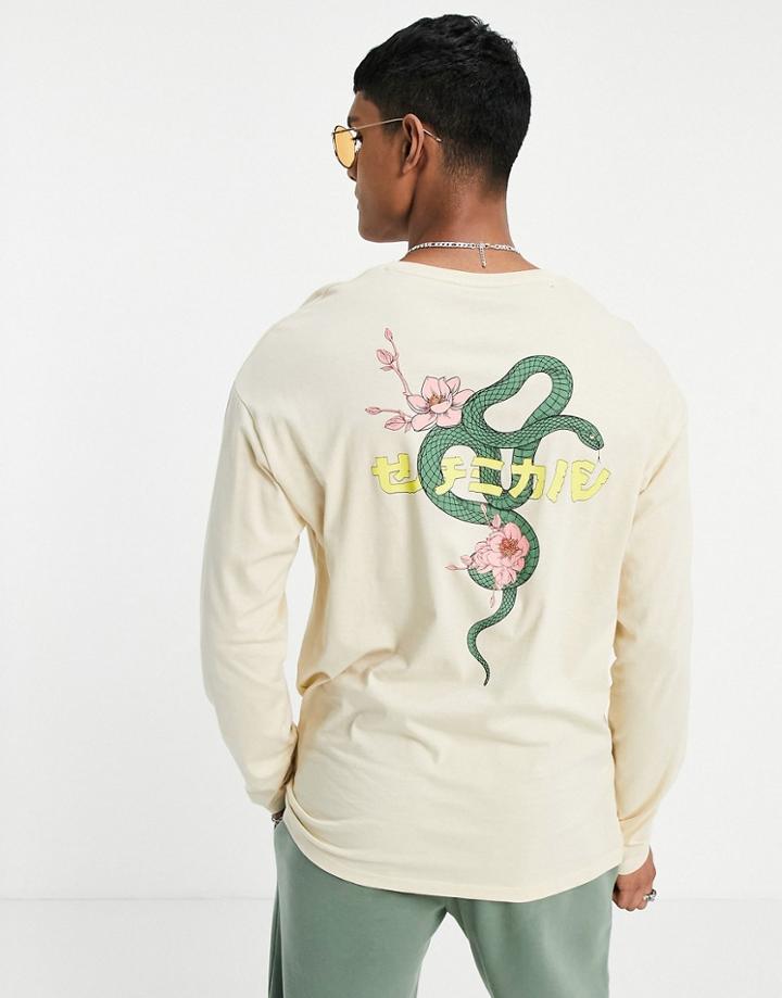Jack & Jones Originals Oversized Long Sleeve Top With Japanese Snake Back Print In Beige-neutral