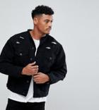 Siksilk Collarless Muscle Denim Jacket In Black With Distressing Exclusive To Asos - Black