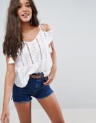 Asos Broderie Trim Cold Shoulder Top With Tassels - White