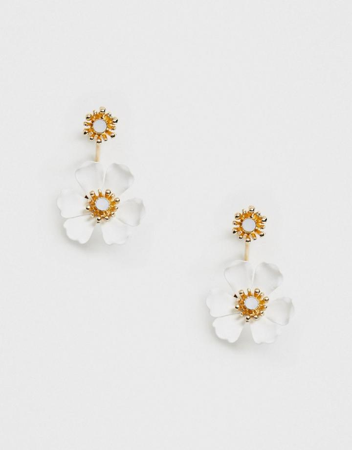 Asos Design Front And Back Earrings In Floral Design In Gold Tone