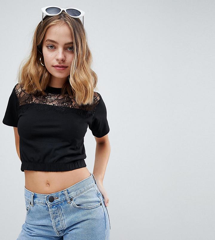 Asos Petite T-shirt With Lace Yoke Panel And Bubble Hem - Black