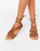 Missguided Leather Tie Up Braid Sandal - Tan