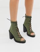 Asos Design Emma Peep Toe Chunky Lace Up Boots In Khaki - Green