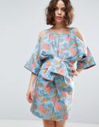 Asos Salon Bow Front Kimono Mini Dress In Tropical Jacquard - Multi
