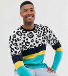 Asos Design Tall Knitted T-shirt In Color Blocked Animal - Green