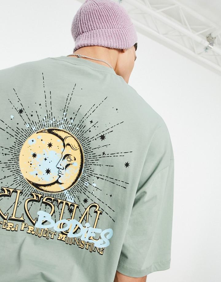Asos Design Oversized T-shirt In Green With Celestial Front & Back Print