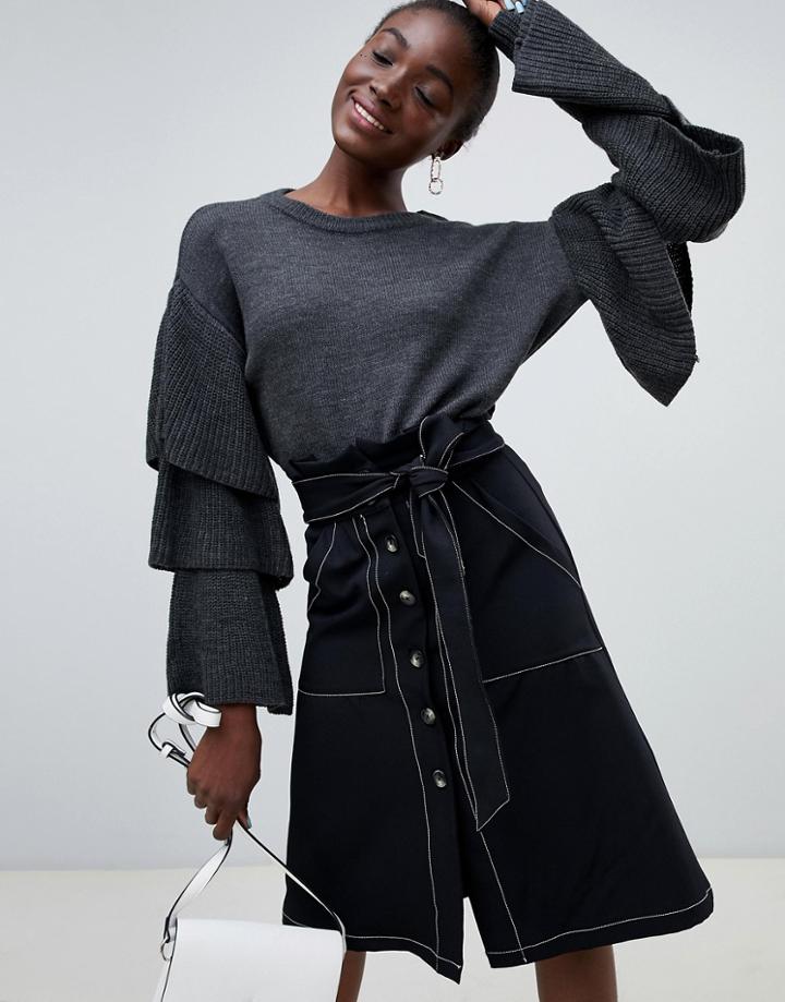 Pieces Sweater With Ruffle Sleeve - Gray